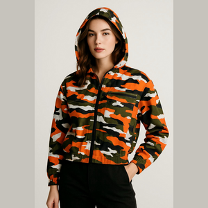 New Look Womens Orange Green and Black Camo Full Zip Hooded Jacket Size Medium